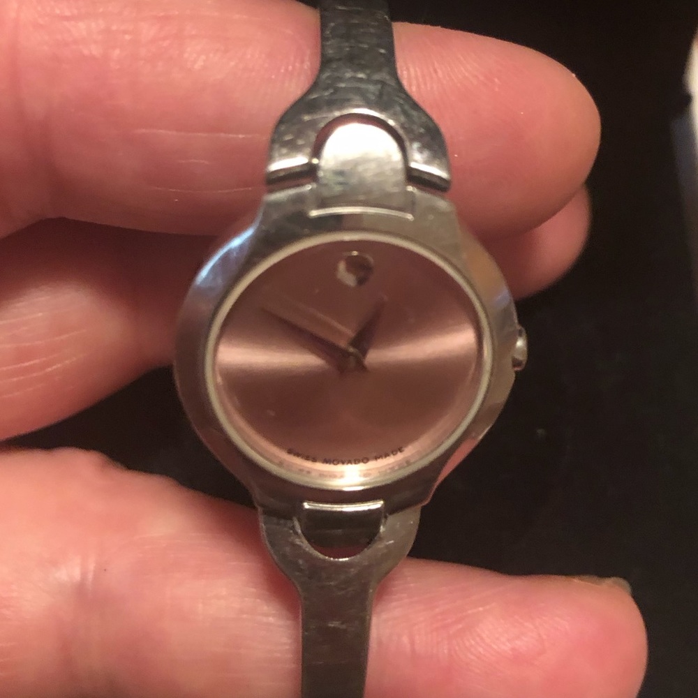 Stainless steel bracelet style Movado watch with pink face